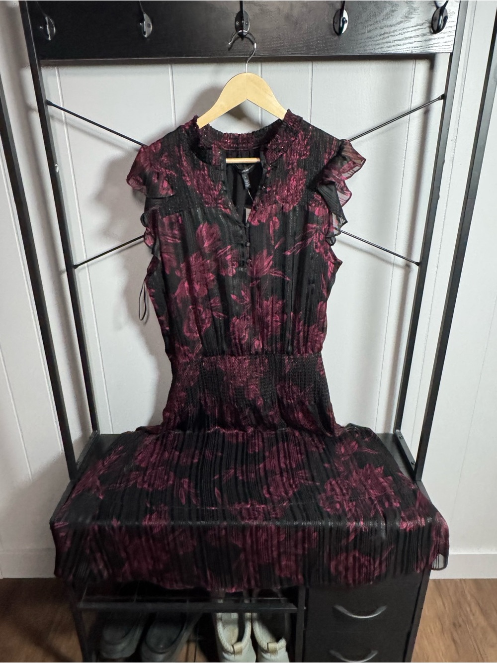 White House Black Market Black & Plum Floral Pleated Midi Dress